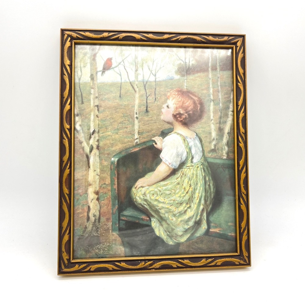 Vintage 1924 S. Glucklich The Red Bird Framed Lithograph Print 8x10 Girl Birch